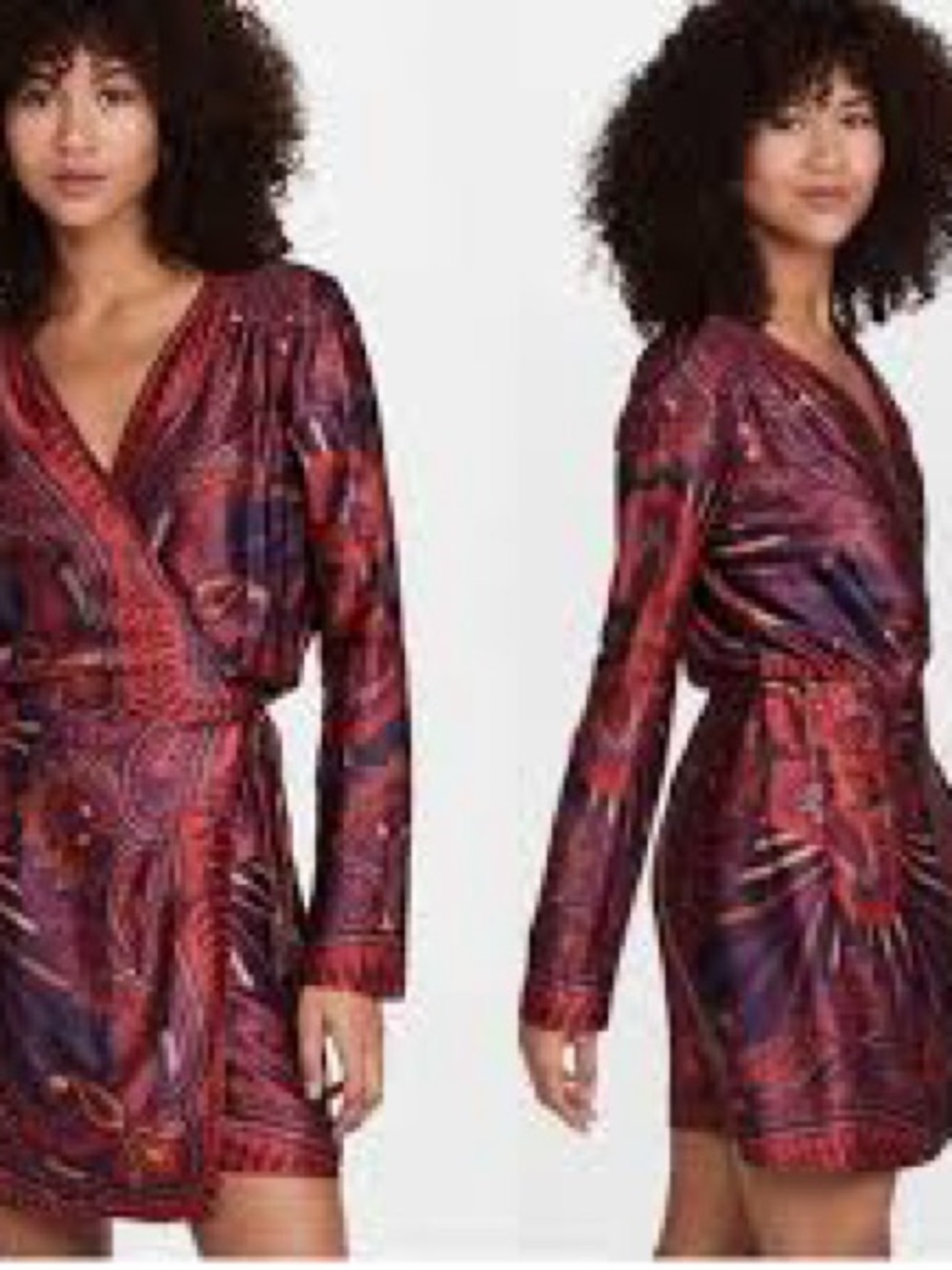 FARM Rio Red and Purple Long Sleeve Wrap Dress